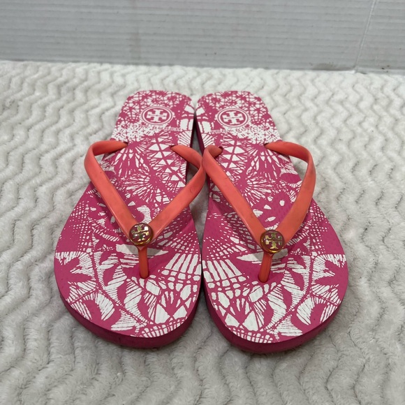 Tory Burch Women’s Size 6.5M Pink Floral Rubber Beach Flip Flop EUC - Picture 3 of 11